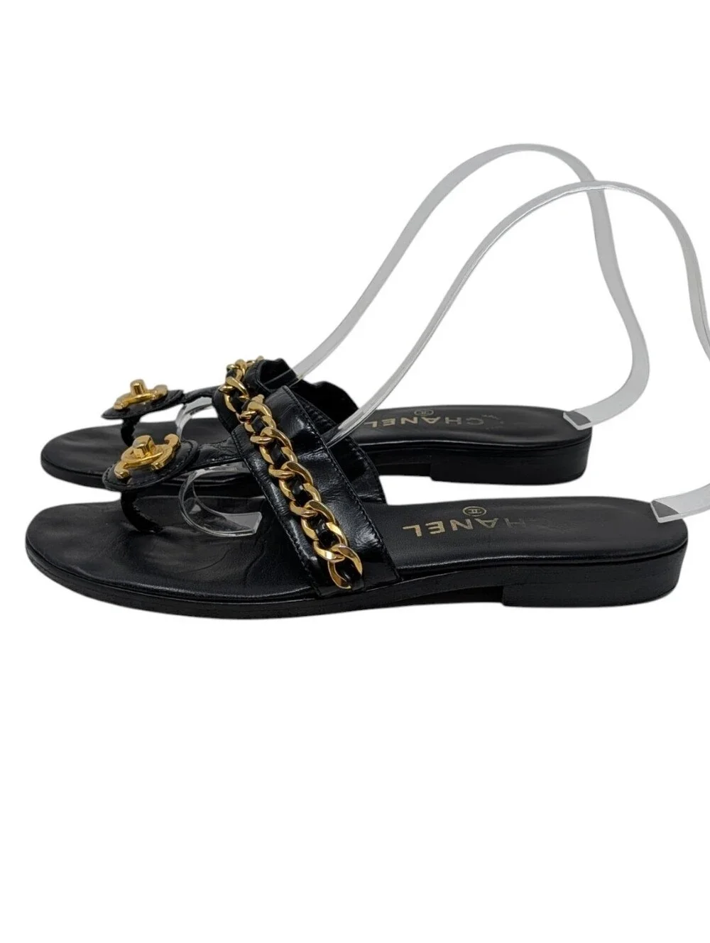 Chanel Black Leather Gold Turnlock Interlocking CC Chain Sandal Size EU 39
